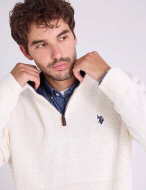 U.S. Polo Assn. Quarter Zip Sweater Men’s Medium Cream Textured Cotton NWT